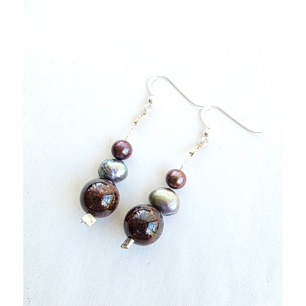New Handmade Garnet and Pearl Earrings Sterling Silver 925 Artisan Drop Dangle